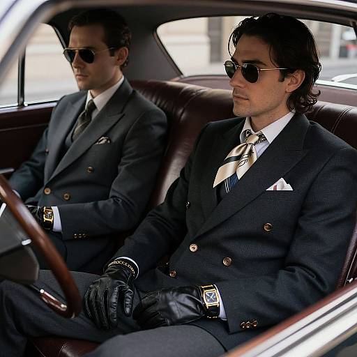Photograph of two men in dark suits, sunglasses, and gloves, sitting in a vintage car; one driving, the other in the passenger seat.