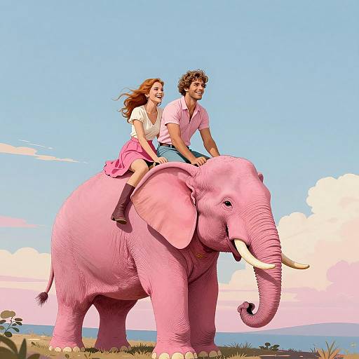 Couple Riding Giant Pink Elephant