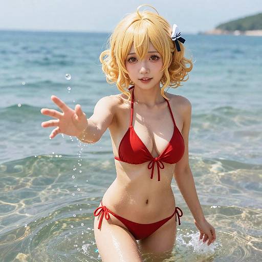 Photorealistic CGI of a blonde anime girl with curly hair, red bikini, and black bow, reaching out in shallow ocean water.