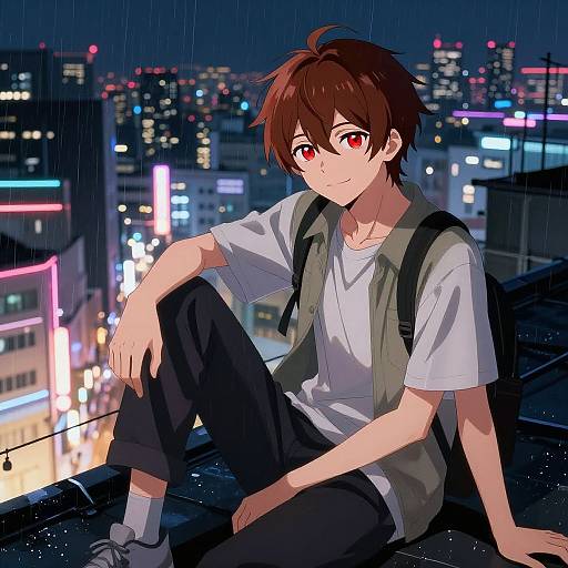 Anime Boy on Neon-lit Rooftop