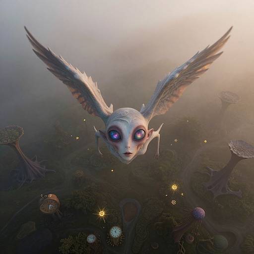 Digital fantasy artwork of a mystical, white-winged, blue-eyed creature with large ears and a small, delicate face floating above a glowing, foggy
