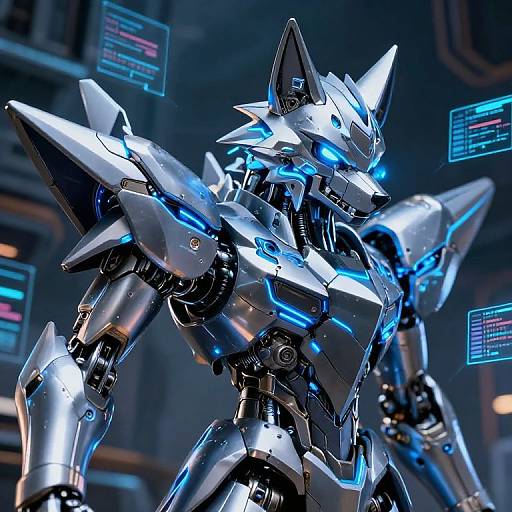CGI image of a futuristic, silver and blue, robotic wolf warrior with glowing blue eyes and neon accents, surrounded by digital holographic screens.