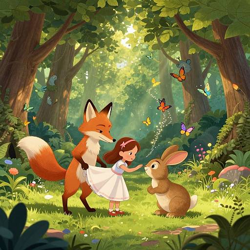Digital illustration: A red fox, a girl in a white dress, and a brown rabbit in a sunlit forest, surrounded by colorful butterflies.