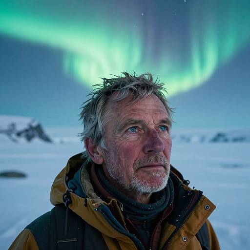 Photograph of a rugged, grey-haired middle-aged man with a beard, wearing a yellow and black winter jacket, gazing at vibrant green auroras