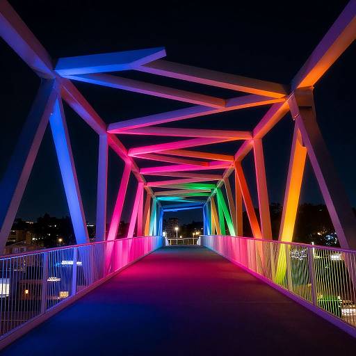 Vibrant night photograph of a rainbow-lit metal bridge with colorful beams, glowing railings, and city lights in the background.