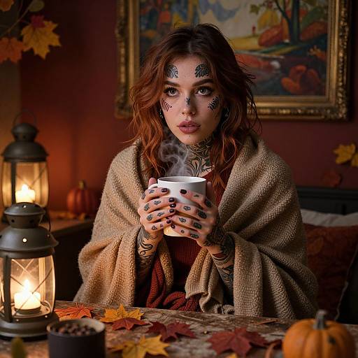 Cozy Autumn Night with Tattooed Woman