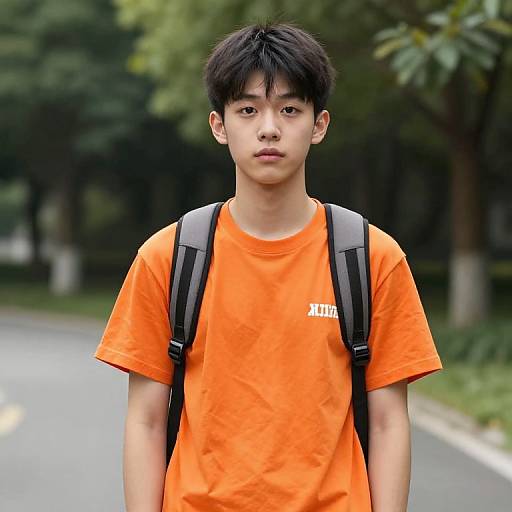 Photograph of young Asian boy with short black hair, wearing an orange t-shirt and black backpack, standing on a paved path in a green, tree