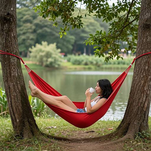 Photograph of a young woman with black hair, wearing a white tank top and blue shorts, relaxing in a red hammock between two trees, s