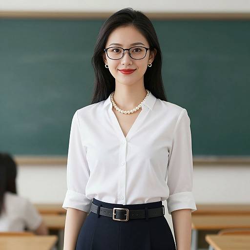 Photograph of an Asian woman with long black hair, red lipstick, black-framed glasses, white blouse, pearl necklace, black skirt, and belt