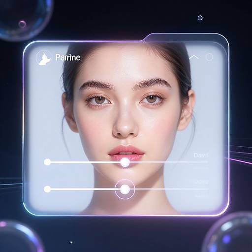 Digital image of a young woman's face with glowing interface overlay, labeled 