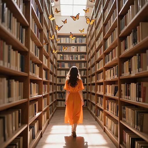Photograph of a woman in an orange dress, walking down a sunlit library aisle with flying butterflies between tall bookshelves.