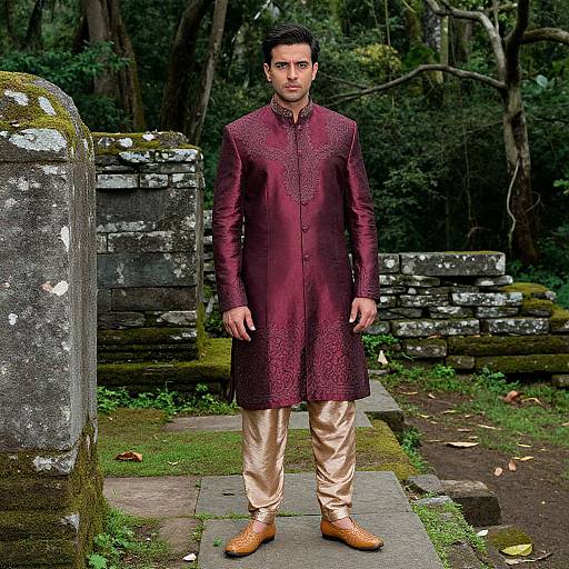Photograph of a man in a maroon embroidered traditional Indian kurta, beige pants, and brown shoes, standing in a mossy, forested