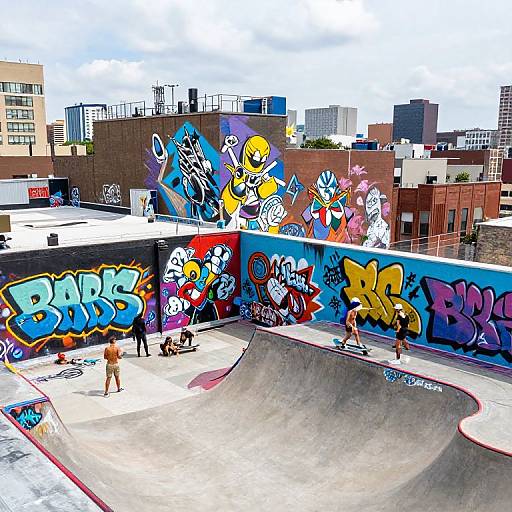 Photograph of a vibrant urban skatepark with colorful graffiti on walls, concrete ramps, and several skaters in casual clothing. Background includes city buildings under