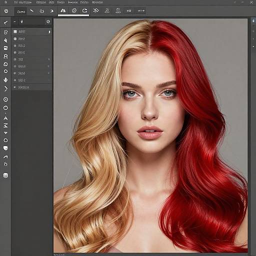 Digital photograph of a fair-skinned woman with striking dual-colored hair, half blonde and half vibrant red, displayed on a graphic design software interface.