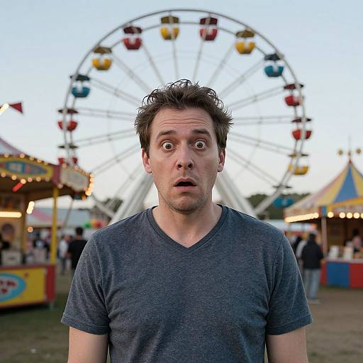 Photograph of a surprised-looking man with short, messy brown hair in a gray V-neck shirt, standing in front of a colorful Ferris wheel at