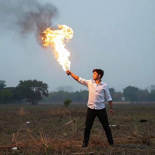 Photograph of a bearded man in a white shirt and black pants, holding a flaming torch, standing in a dry, grassy field at dusk