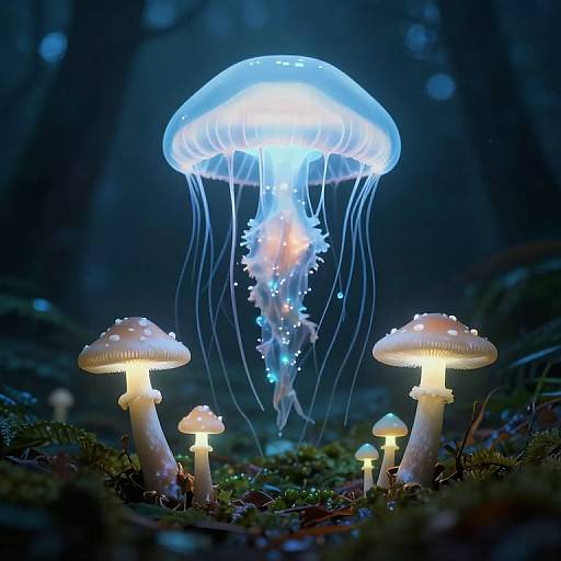 Photograph of glowing mushrooms and a luminous jellyfish in a dark, enchanted forest, with soft blue and white bioluminescence.