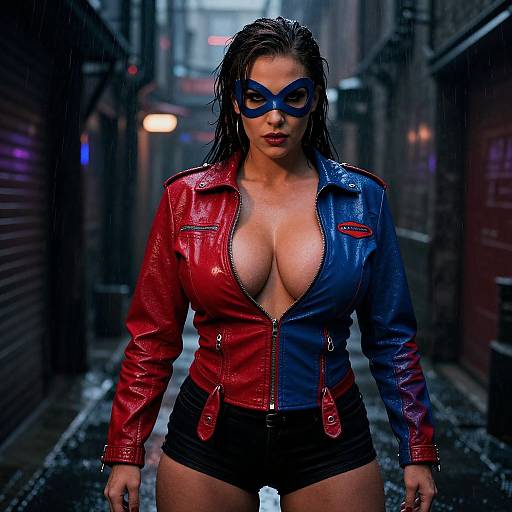 Photorealistic digital art of a wet, busty woman with blue mask, red-blue leather jacket, black shorts, standing in a rainy alley.