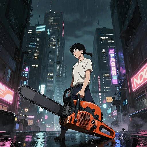 Chainsaw Man Cyberpunk Cityscape