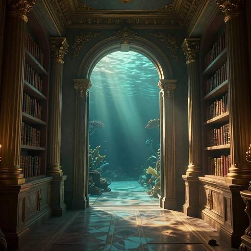 Photorealistic digital artwork: Sunlight streams through an ornate, arched library doorway, illuminating lush underwater plants outside, surrounded by dark wooden