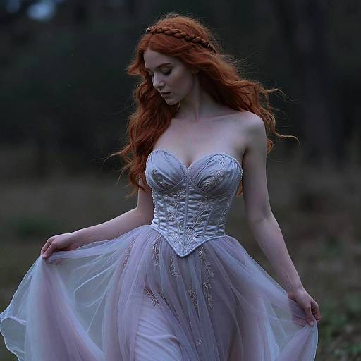 Photograph of a fair-skinned, red-haired woman in a strapless, white corseted ball gown with a flowing, lace-adorned