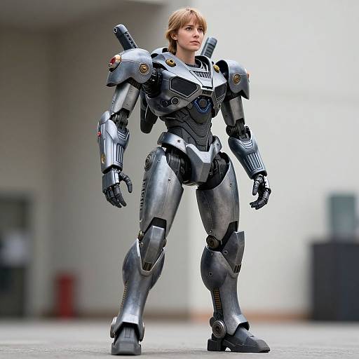 Photorealistic CGI of a young woman with short blonde hair in a futuristic, silver robotic suit standing confidently in a blurred, industrial background.