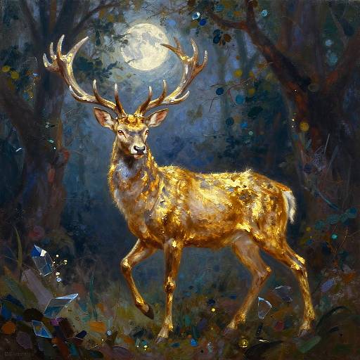 Digital painting of a glowing, majestic deer with large antlers standing under a bright full moon in a dark, mystical forest.