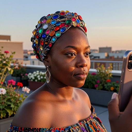 Photograph of an African woman with dark skin, wearing a colorful beaded headwrap and off-shoulder dress, holding a phone, on a
