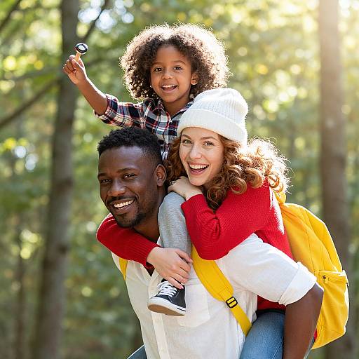 Photograph of a smiling African-American man carrying a laughing white woman and a joyful young Black girl on a sunny forest hike.