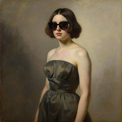 Portrait of a fair-skinned woman with short brown hair, wearing dark sunglasses and a strapless black dress, against a muted brown background. Digital art