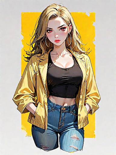 Casual Chic Woman in Yellow Jacket and Denim Jeans