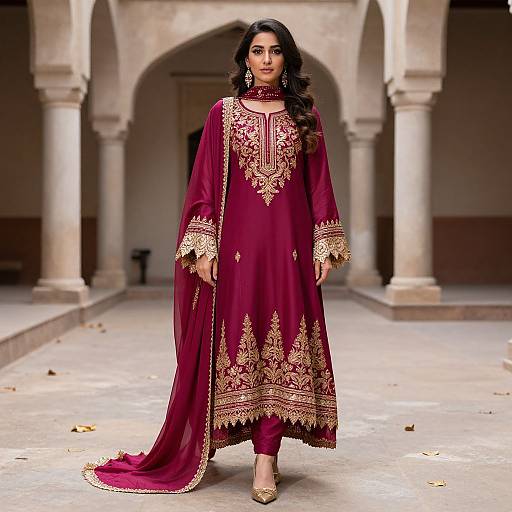 Photograph of a South Asian woman in a deep red, gold-embroidered traditional kameez with long sleeves and a flowing tail, standing