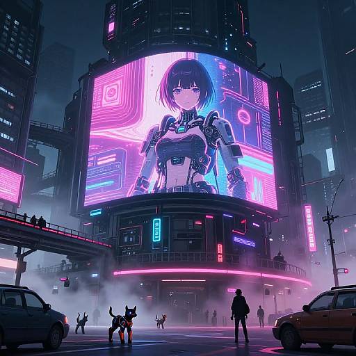 Cyberpunk cityscape at night, neon-lit billboard with large, glowing female figure in futuristic armor, surrounded by cars, pedestrians, and a