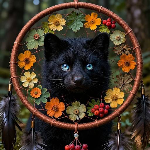 Photograph of a black wolf with glowing blue eyes, surrounded by a dreamcatcher with orange flowers, green leaves, and red berries.