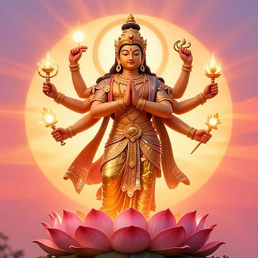Photograph of a golden Hindu deity statue with six arms, holding torches, standing on a pink lotus, illuminated by a radiant orange sunset background