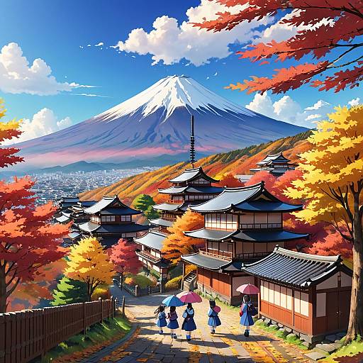 Autumn Scene at Traditional Japanese Village with Mount Fuji
