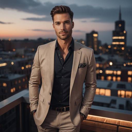 Stylish man in white suit on rooftop terrace