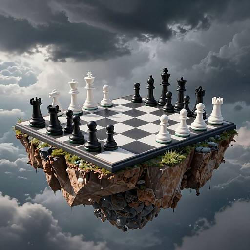 Photorealistic digital art: floating chessboard with black and white pieces on a rocky cliff, surrounded by dramatic, cloudy sky.