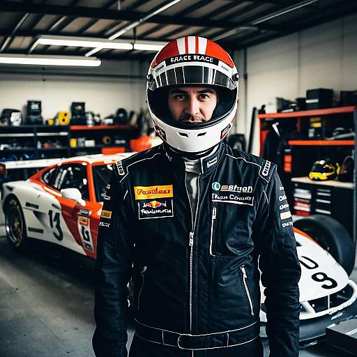 Photograph of a male race car driver in black leather racing suit and red-white helmet, standing in a garage with two racing cars, one white-orange