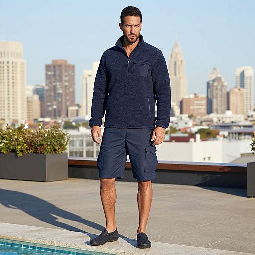 Photograph of a bearded man with dark hair, wearing a navy hoodie, dark shorts, and black shoes, standing on a rooftop with city skyline