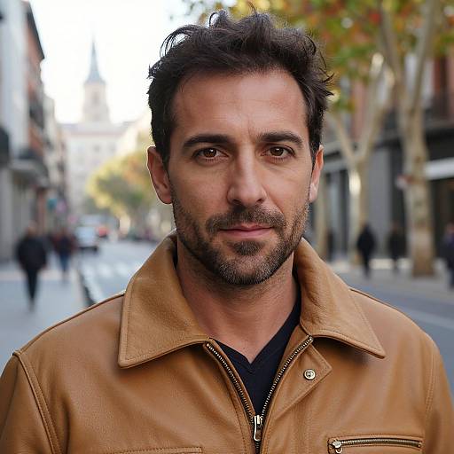 Photograph of a middle-aged man with dark, slightly messy hair, and a trimmed beard, wearing a tan leather jacket, standing on a city street