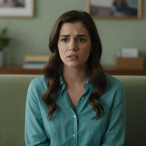 Young Woman with Concerned Expression on Green Couch