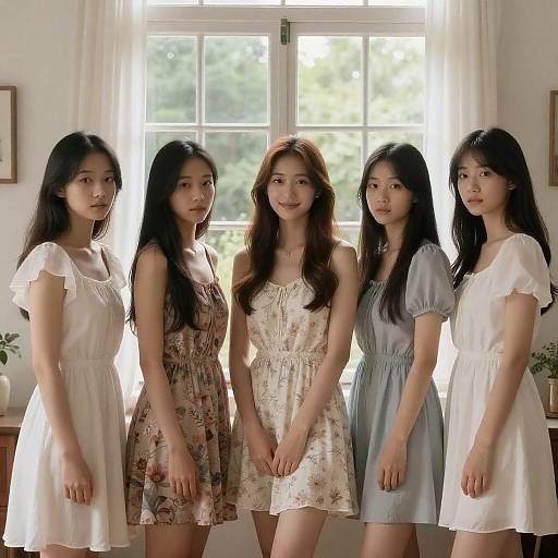 Group of Young Women in Floral Dresses by Window
