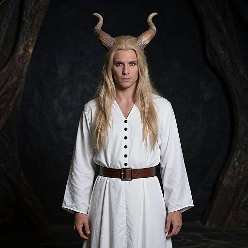 Photograph of a blonde woman with long hair, wearing white medieval-style robe, brown belt, and horned headpiece, standing against dark, textured