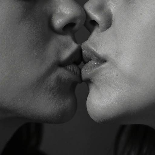 Close-up, black-and-white photograph of two people's faces, noses touching, lips almost kissing, with high contrast and glossy skin texture.