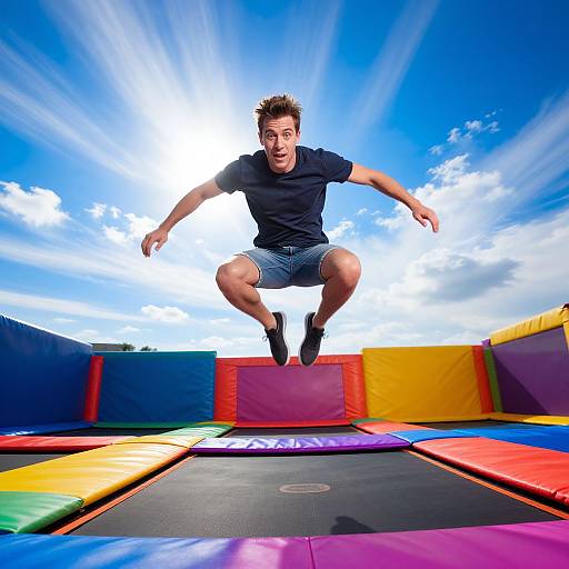 Photograph of a young man mid-jump on a colorful inflatable trampoline against a bright blue sky with sun rays. He's wearing a black t