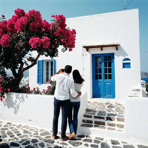 Couple Taking Photo by Whitewashed House in Milos, Greece