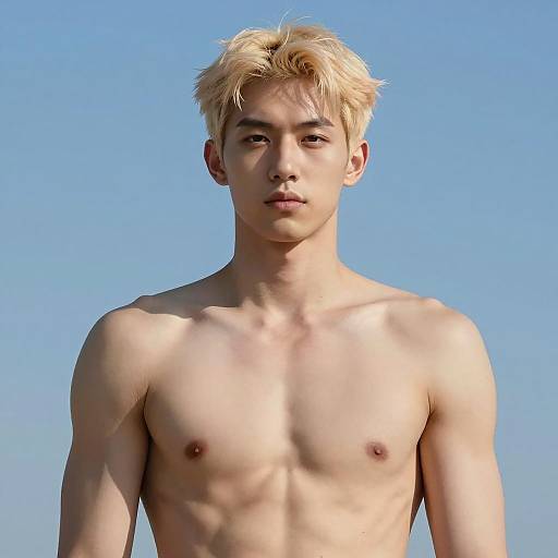 Muscular Shirtless Man Against Blue Sky
