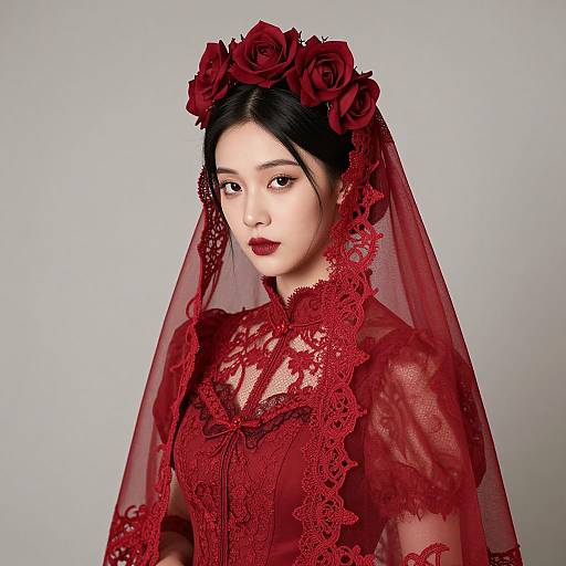 Photograph of an Asian woman with pale skin, black hair, and red lipstick, wearing a red lace gown and veil adorned with roses.