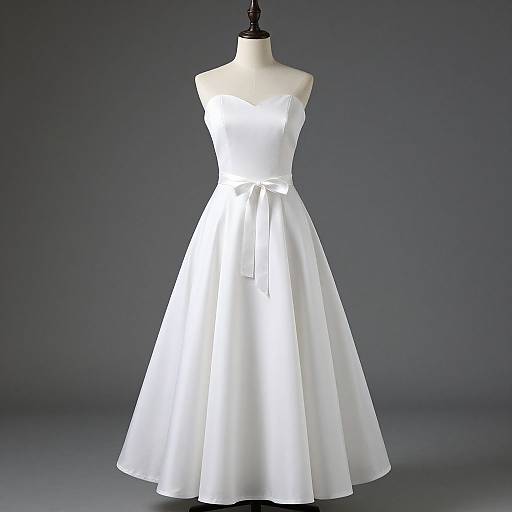 Photograph of a white, sleeveless, V-neck, knee-length dress with a tied waist on a black mannequin against a gradient gray background